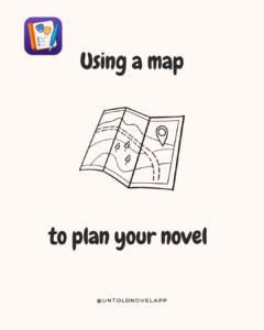 Text: "Using a map for novel authors" wrapped around a map