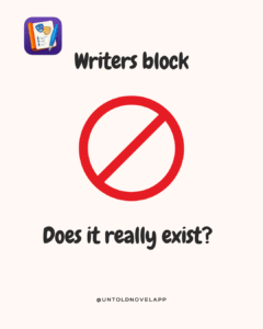 Text: "Writers block - does it really exist?" wrapped around a stop sign