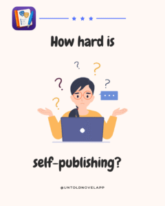 Text: "How hard is self-publishing?" wrapped around a sketch of a woman in front of a laptop.