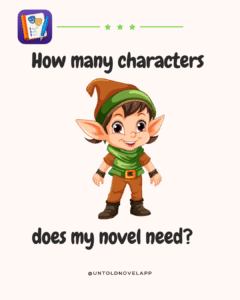 Text: "How many characters does my novel need?" wrapped around a sketch of an elf.