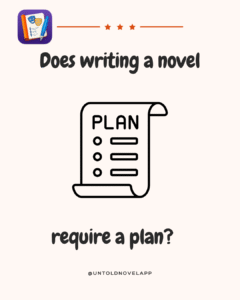 Text: "Does writing a novel require a plan" wrapped around a sketch of a plan